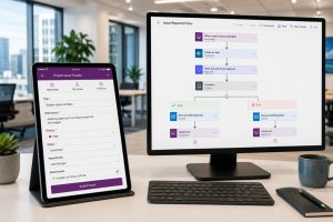 Microsoft Power Platform showing Power Apps on a tablet and Power Automate workflow on a desktop in an Australian office